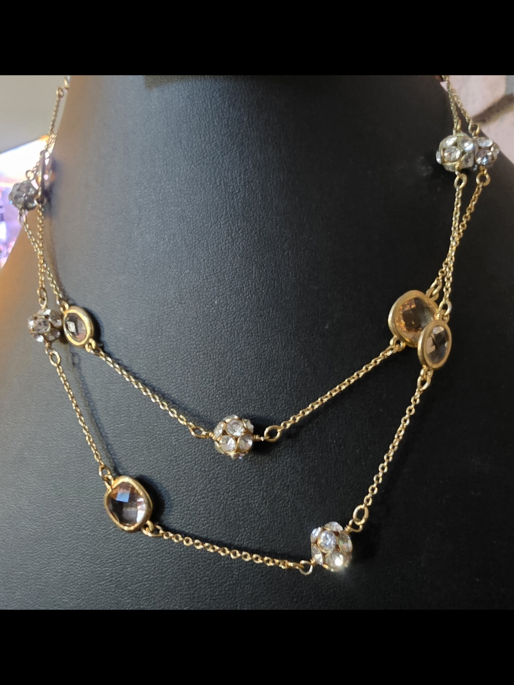 Stella & Dot Gold Tone Pink Crystal Link Long Chain Necklace
